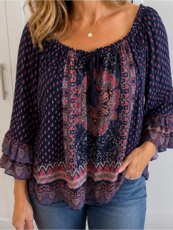 Bila Tops - Bila Navy Paisley Off-Shoulder Tassel Peasant Blouse